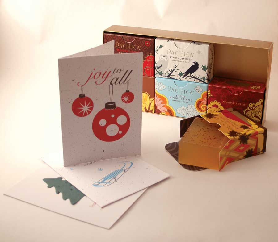 
The Pacifica Natural Soap Gift Box and Botanical Paperworks holiday cards.

